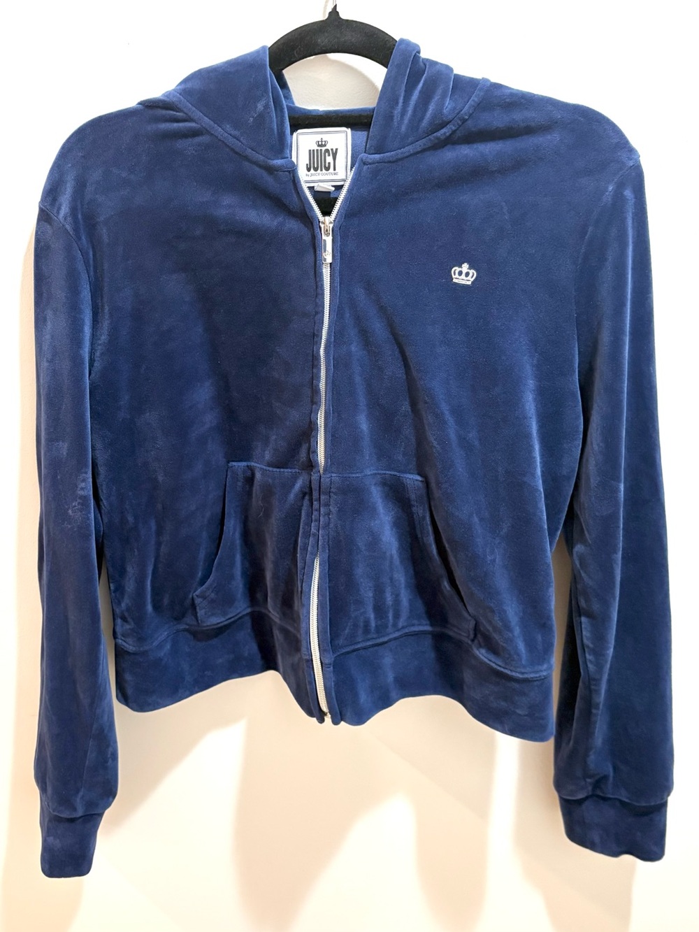 Juicy Couture Women’s Cropped Full Zip Blue Velour Sweatshirt Hoodie Large